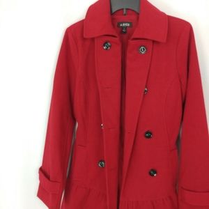A. Byer Red Pea Coat with Ruffle Button